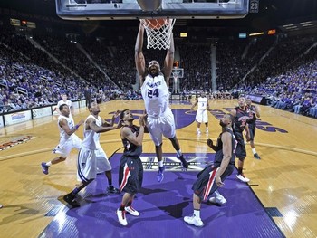 Curtis Kelly #24 of the Kansas State Wildcats drives to the basket for a dunk during the first half against the Texas Tech Red Raiders on January 15, 2011 at the Octagon of Doom in Manhattan, Kansas.